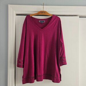 Karen Scott 3/4 Sleeve V-neck Crochet insets 1X Tunic Shirt